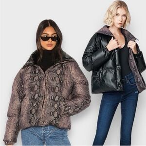 NWT Blank NYC Between The Line Reversible Puffer Jacket Black & Rose Snakeskin